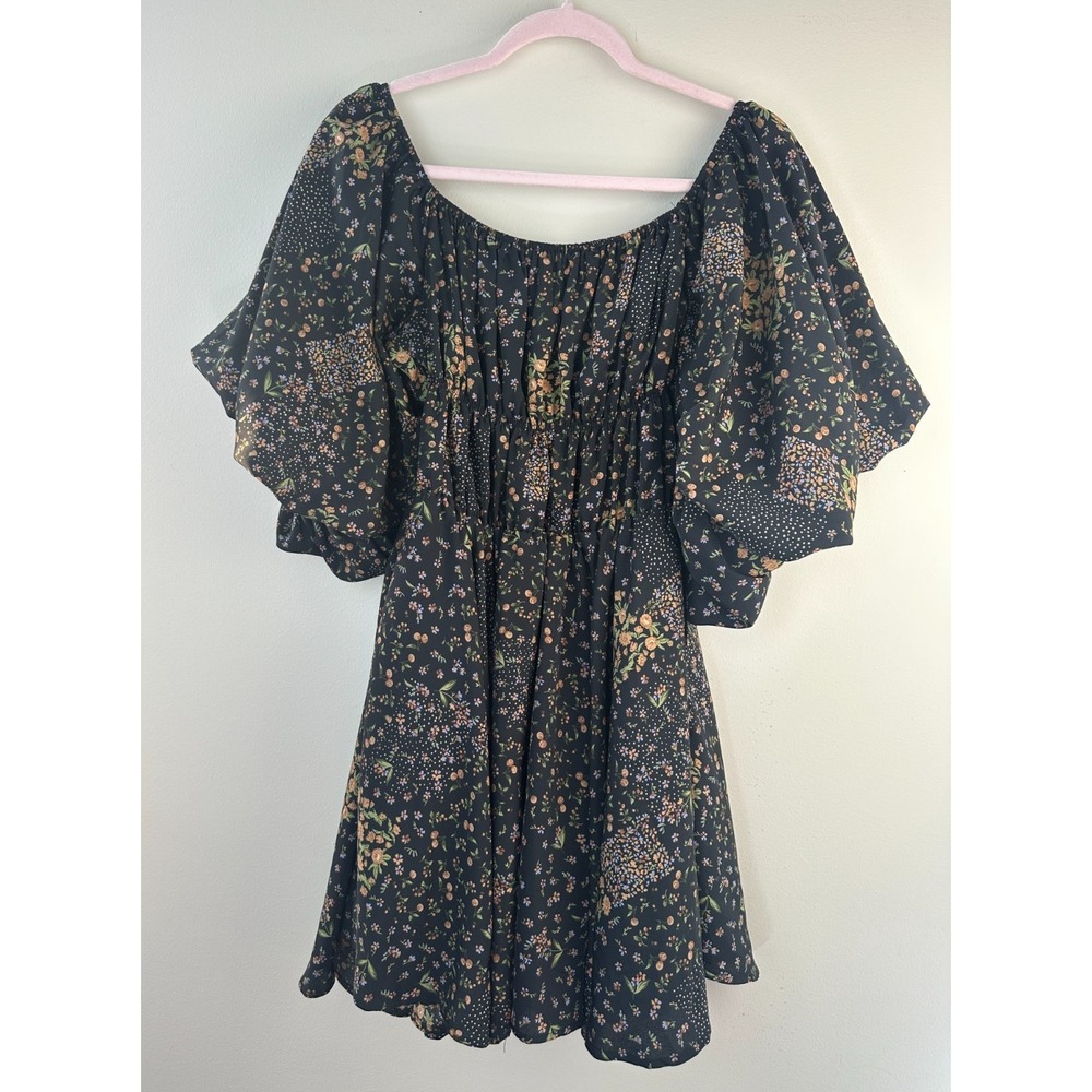 &merci Off the Shoulder Smocked Mini Dress Black Medium Floral Puff Sleeve Boho - Picture 9 of 10